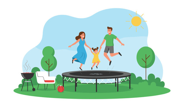 Happy family with a mother, father, and daughter jump joyfully on a backyard trampoline on a sunny summer day.