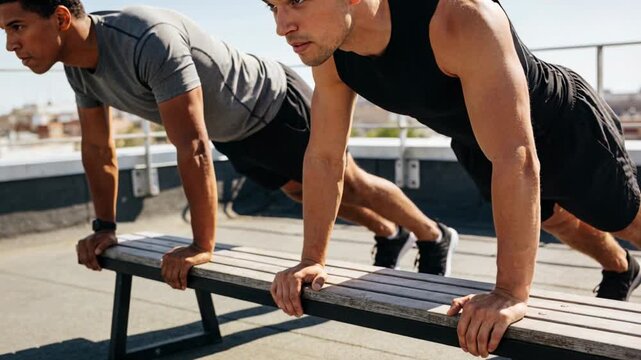 Doing two men in sportswear placing hands, lowering, holding, pressing on rooftop bench to train