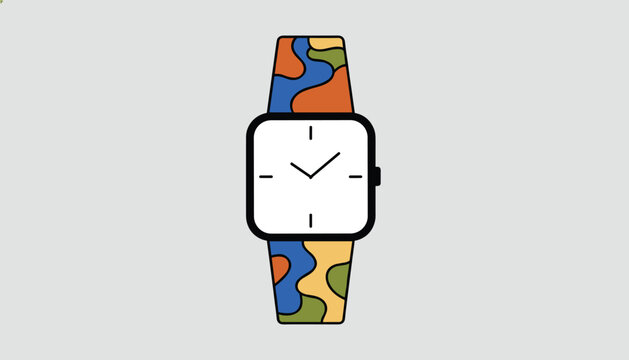 Modern square-faced wrist watch with a colorful camouflage pattern strap isolated on a clean light grey background.