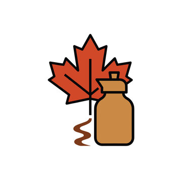 Classic Canadian maple syrup bottle standing beside a large orange autumn maple leaf on a clean white background.