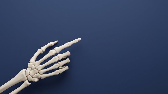 Human skeleton hand pointing with index finger isolated on a dark blue background for medical or spooky concepts