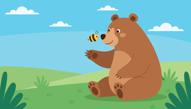 Cute brown bear sitting in a grassy meadow looks curiously at a little flying bumblebee on a bright sunny day.