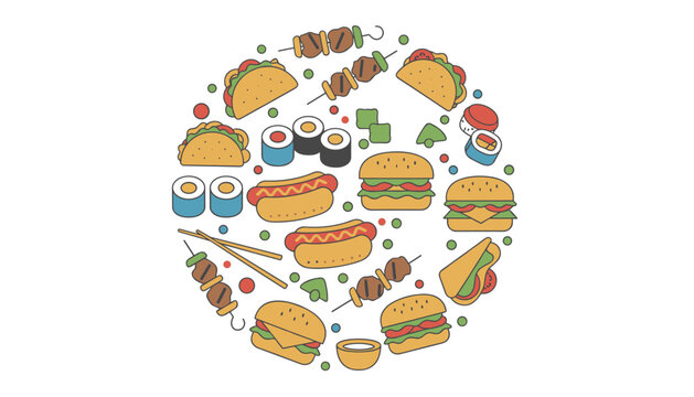 Creative circular composition filled with fast food favorites such as tacos, hot dogs, hamburgers, skewers, and sushi.