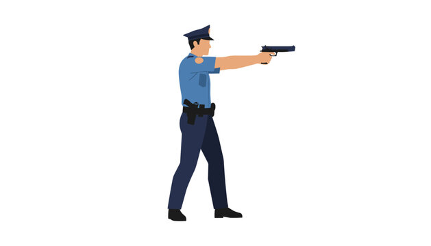 Brave police officer in uniform stands in profile while aiming a handgun during an active law enforcement duty.