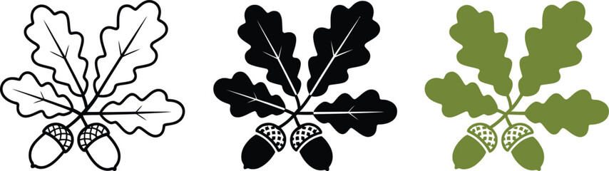 Oak leaf and acorn vector set, green forest foliage icons, botanical emblems Editable Vector © Bismillah Studio