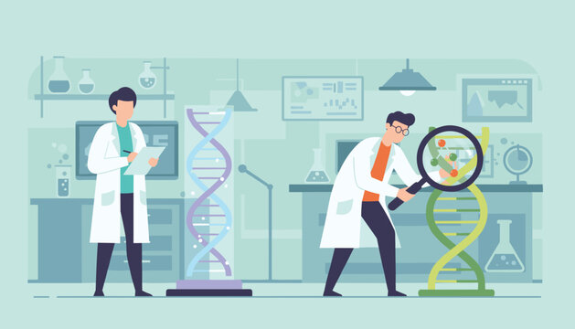 Two medical scientists conduct genetics research with large models of DNA double helix structures in a laboratory.