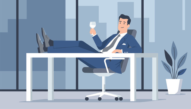 Satisfied businessman in a blue suit relaxes in his modern office with his feet up on the desk holding a glass of wine.