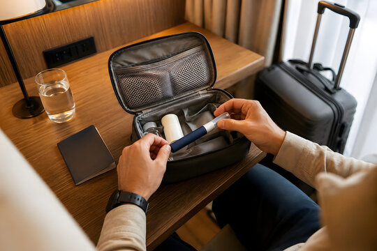 Traveler organizing an unbranded injectable medication pen in a toiletry case beside a blank passport and suitcase, highlighting medication management and healthcare preparation during travel.