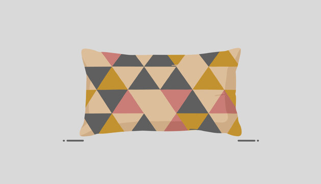 Decorative rectangular pillow featuring a modern geometric pattern with grey, yellow, and pink triangles.
