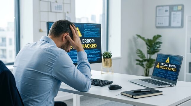Computer system hacked with virus software error message on the screen.