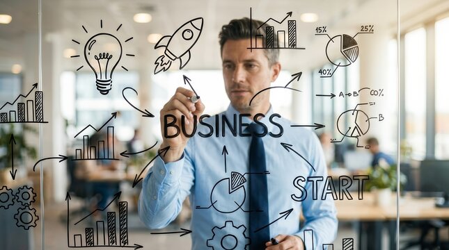 Businessman drawing a business flowchart on a glass screen for startup planning.