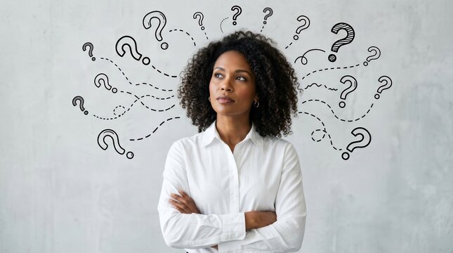 Pensive African American businesswoman contemplating numerous questions.