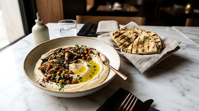 Gourmet hummus bowl with mushrooms and pita bread on marble table