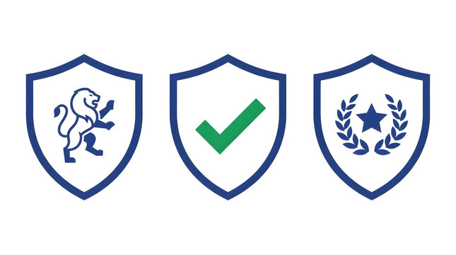 Three shield badges with different icons