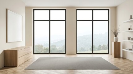 Fototapeta premium Minimalist light exhibition room interior with a panoramic window and mockup frame.