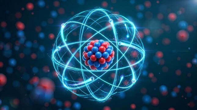 Red and blue atom model with glowing electron orbits over a blurred background.