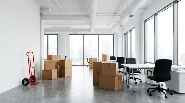 Cardboard boxes in an open space office for a moving concept.