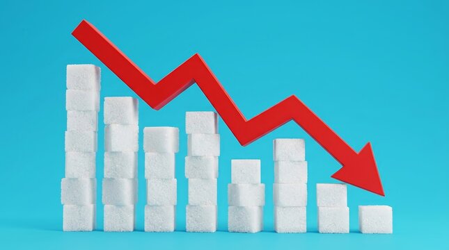 A red arrow pointing down over sugar cubes to represent reducing blood sugar.