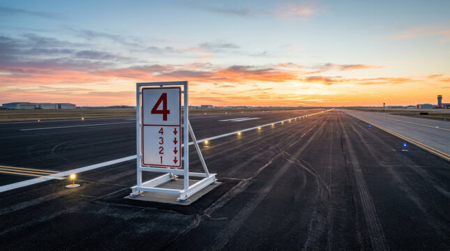 Airport Runway Illuminated At Sunset With Directional Signage Offering A Pathway To The Horizon