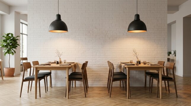 Modern cafe interior with white brick wall and wooden tables.