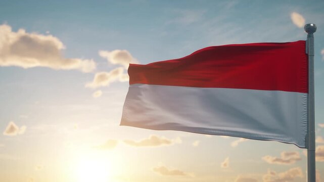 Indonesian Flag Waving Against Blue Sky at Warm Sunset
