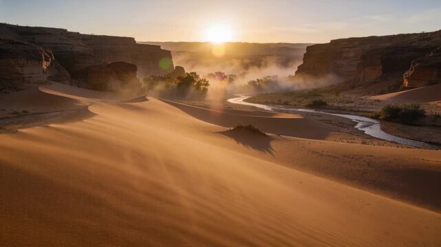 Shifting dune ridge shedding sand streaks down slip face under steady breeze at sunrise haze rising