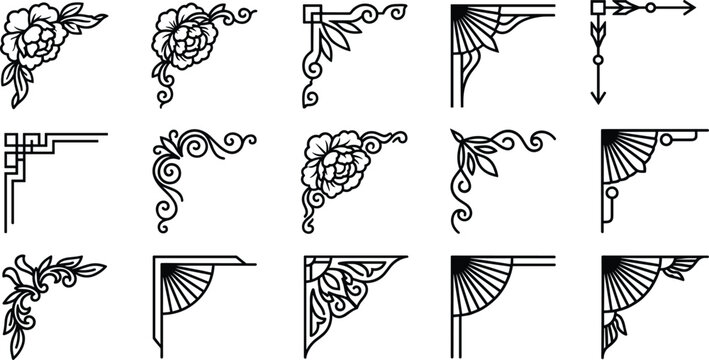 Asian floral corners collection with blooming peony patterns and oriental fan ornaments.