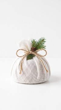 Traditional British Christmas Pudding Wrapped in Cloth with String on White Background