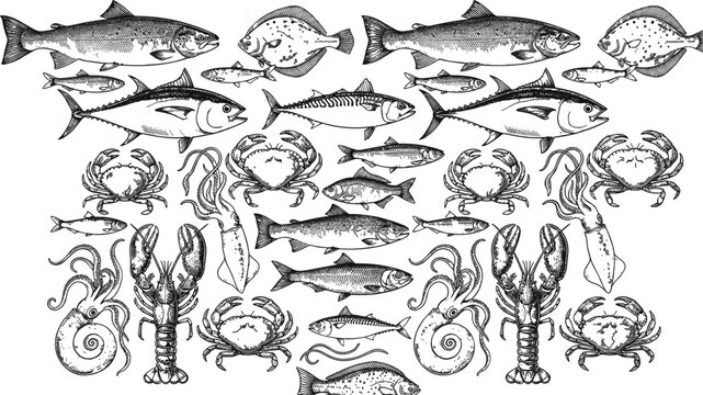 Fresh seafood market vector set featuring tuna salmon lobster crab squid mackerel and flounder marine species collection