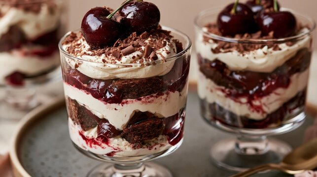 black forest trifles served in large glass dessert cups