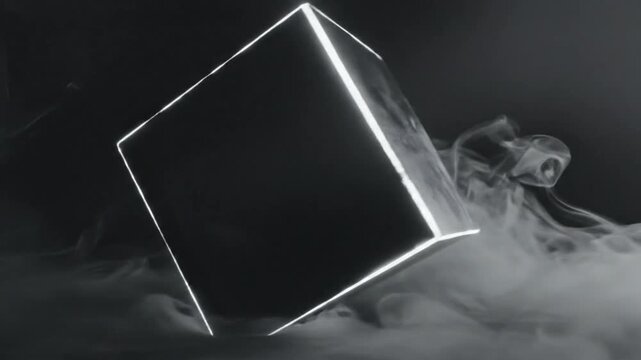 Abstract futuristic illuminated cube floating amidst ethereal smoke on a dark backdrop