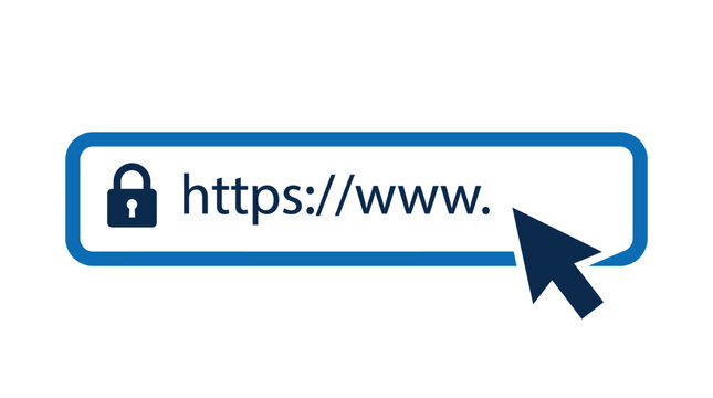 Modern secure website address bar vector illustration featuring a dark blue cursor and padlock icon graphic