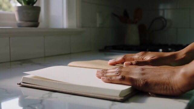 Hands entering right placing journal on kitchen counter, lifting insert, smoothing pages for notes