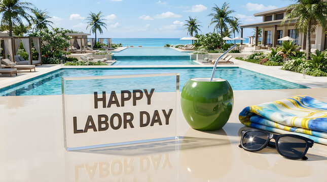 Happy labor day sign with a fresh green coconut drink and sunglasses by a luxury swimming pool