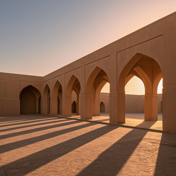 Empty desert courtyard with pointed sandstone arches and long shadows at sunset