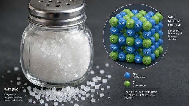 Glass kitchen salt shaker dispensing white sodium chloride crystals with a scientific inset displaying sodium and chlorine ions in a cubic crystal lattice