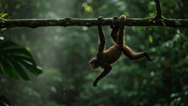 Spider monkey hanging from a tree branch in the lush tropical rainforest.