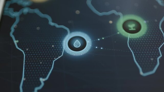 Water and agriculture nodes connect across southern continents