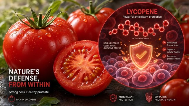 Fresh ripe red tomatoes sliced on a wooden board with a scientific inset showing lycopene molecules protecting human cells via a glowing protective shield