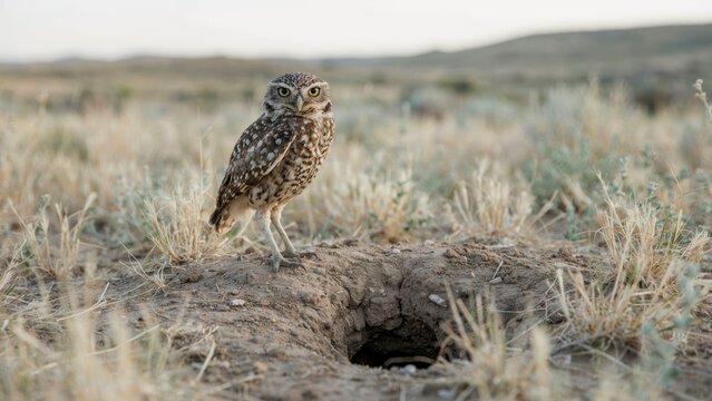 A burrowing owl standing near its underground nest entrance in a grassy field.