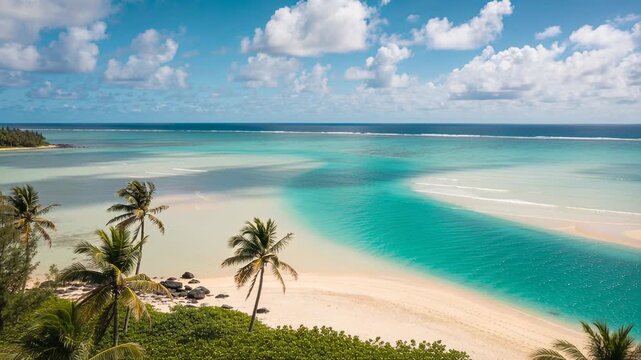 Drifting drone revealing curving blue lagoon with leaning palms at tropical beach to show sandbars