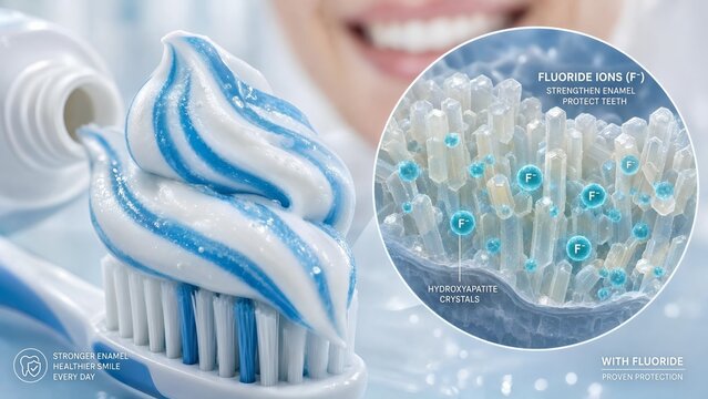 Everyday hygiene toothpaste tube and brush with a scientific microscopic inset displaying fluoride ions (f-) bonding with hydroxyapatite tooth enamel
