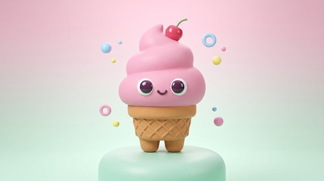 Cute pink soft serve ice cream character with a cherry