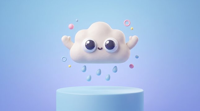 Cute rain cloud character dropping water on a blue podium
