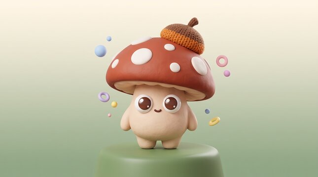 Cute mushroom character wearing a tiny acorn hat