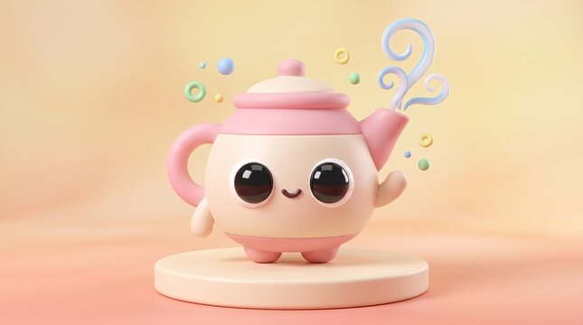 Cute pink teapot character with curling steam