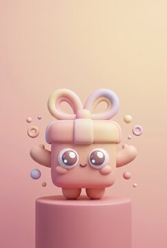 Cute 3D gift box character with a large ribbon bow
