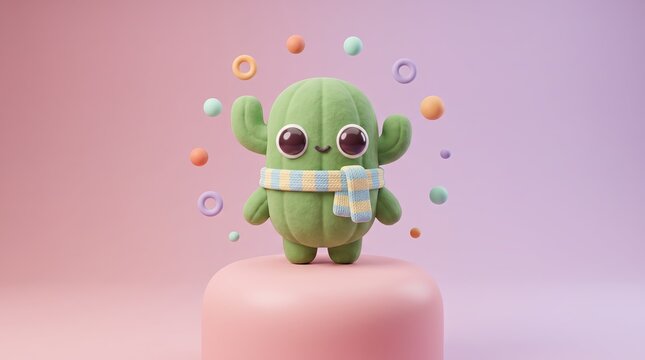 Cute cactus character wearing a cozy winter scarf