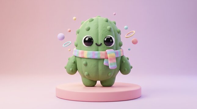 Adorable 3D cactus mascot in a striped knitted scarf