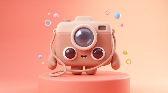 Cute 3D camera character on a coral podium